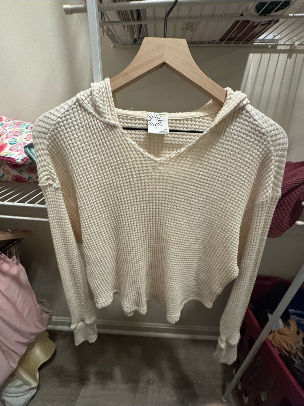 aerie Cream Waffle V-Neck Hooded Sweater